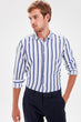 White Male Navy Blue Stripe Long Sleeve Slim Fit Shirt New