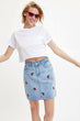 Women Summer Blue Cute Strawberry High Waist Pencil Denim Skirts