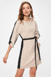 Beige With Color Block Belted Dress