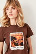 Brown Polaroid Printed Basic Knitted T-Shirts