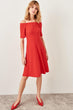 Red Carmen Neck Ribbed Knit Dress