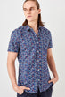 New Navy Blue Men 'S Flower Print Short Sleeve Shirt
