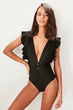 Black Handles Flounces Belt Detail Swimsuit