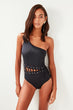 Black Eyelet Accessorized One Shoulder Swimwear