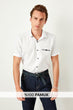 White Men Epaulets Button Collar Short Sleeve Slim Fit Shirt