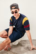 Navy Blue Male Sleeves Stripe Cycling Neck T Shirt