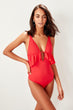 Red Bias Tape and Ruffle Detail Swimsuit