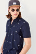 New Navy Blue Male Palm Embroidered Short Sleeve Slim Fit Shirt