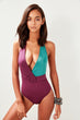 Burgundy Green With Color Block Double Breasted Collar Swimwear