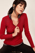 Women Red Zipper Shiny Camisole Blouse