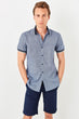 Navy Blue Men 'S Knitted Striped Short Sleeve Shirt