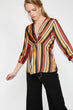 Women Orange V Neck 3/4 Sleeve Striped Blouse