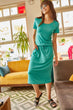 Women Mint Short Sleeve Waist Lace-Up Dress With Pockets