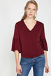 Women Burgundy V Neck Sleeve Detail T-Shirt