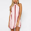 Short Bow Mini Sleeveless Halter Striped Print Women Dress