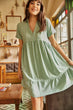 Women Water Green Shirt Collar Linen Cloche Dress