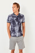 Gray Men Batik New Polo Collar T-Shirt