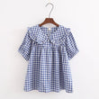 Preppy Lolita Style Women Shirts Tops Cotton Linen Peter Pan Collar Ladies Blouses Blue Plaid Printed Loose Blouses Summer New