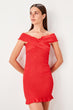 Pomegranate Flower Carmen Neckline Ruffle Detail Dress