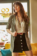 Women Khaki Sleeve Fold Accessory Pockets Gabardine Jacket