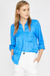 Women Blue Vintage Lapel Long Sleeve Pocket Detail Shirt