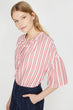 Women Red Collar Detailed Short Sleeve Striped Blouse