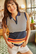 Women Navy Blue Sleeveless Striped Polo Collar T-Shirt