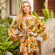 Slash Neck Women Short Flare Sleeve Pleated Floral Dress