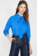 Women Blue Lapel Futher Bluz