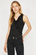 Women Black V Neck Sleeveless Ruffle Detail T-Shirt