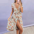 Floral Printed Deep V-Neck Long Women Dress