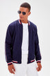Navy Blue Men 'S Crew Neck Stripe Pockets New Coats