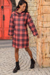 Women Red Plaid Pattern Sheer Neckline Dress