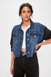 Blue Knitted Sleeves Crop Denim Jacket