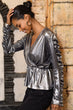 Women SIlver Leather Effect Handle Shirred Double Breasted Blouse