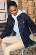 Women Navy Blue Skirt Fringed Denim Jacket