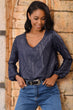 Women Navy Blue V-Neck Striped Woven Bluz