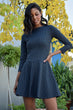 Women Navy Blue Boat Neckline Skirt Circular Zipper Decorated Dress