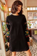 Women Black Handle Embroidery Printed Tunic Dress