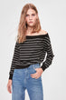 Black Striped Carmen Collar Basic Knitted Sweatshirt