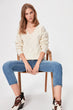 Ecru Hair Braided V-Neck Knitwear Sweater