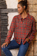 Women Red Double Pocket Decorated Shirt