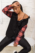 Women Black Velvet Sleeves Plaid Shirt