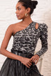 Women Anthracite One Shoulder Low-Cut Leopard Sweater