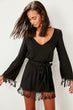 Black Fringed Waist Shirred Dress