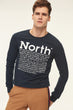 Navy Men's Cotton T-Shirt - Neck Long Sleeve Graphic - Printed