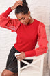 Women Red Organza Balloon Sleeve Lycra Sweater