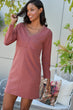 Women Color Rose V-Neck Filet Lace Detailed Nubuck Dress