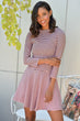 Women Pink Boat Neckline Skirt Circular Zipper Striped Dress