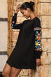 Women Black Handle Embroidery Printed Sweat Dress